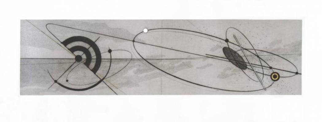 Walter Valentini - Incisioni - Disegni dal cielo - Puntasecca Retouche foglia oro zecchino  TIRATURA: 45 + XV  - cm 50x140 - Galleria Casa d'Arte - Bra (CN)